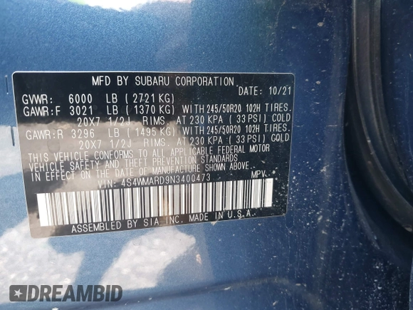 2022 Subaru Ascent Touring with VIN 4S4WMARD9N3400473, listed as a IAAI auction lot 42633365 with 42,019 mi miles and . Bid and sale history available at DreamBid. Image 9.