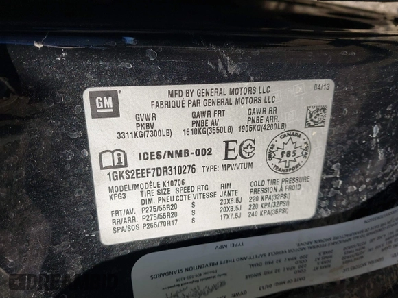 2013 GMC Yukon Denali with VIN 1GKS2EEF7DR310276, listed as a IAAI auction lot 41432983 with 243,119 mi miles. Bid and sale history available at carsss.com. Image 9.