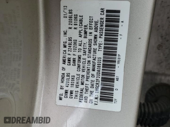 2013 Honda Accord LX z VIN 1HGCR2F30DA089005, wystawiony jako Copart lot #55867955 z przebiegiem 205 258 mil mil oraz Czysty tytuł • Clean title. Historia ofert i sprzedaży dostępna na DreamBid. Obrazek 12.