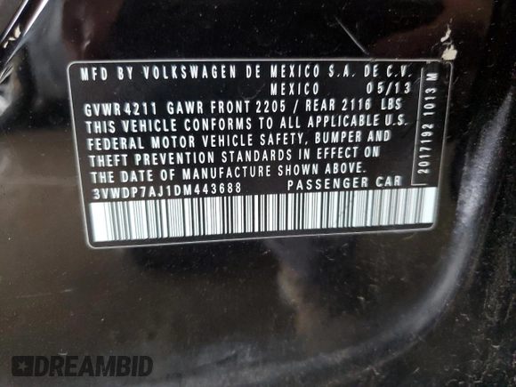 2013 Volkswagen Jetta SE with VIN 3VWDP7AJ1DM443688, listed as a Copart auction lot 55982585 with 137,112 mi miles and Salvage title. Bid and sale history available at DreamBid. Image 12.