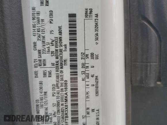 2021 Ford Transit Cargo z VIN 1FTBR3X81MKA18089, wystawiony jako Copart lot #53287124 z przebiegiem Nie podano mil oraz Czysty tytuł • Clean title. Historia ofert i sprzedaży dostępna na DreamBid. Obrazek 13.
