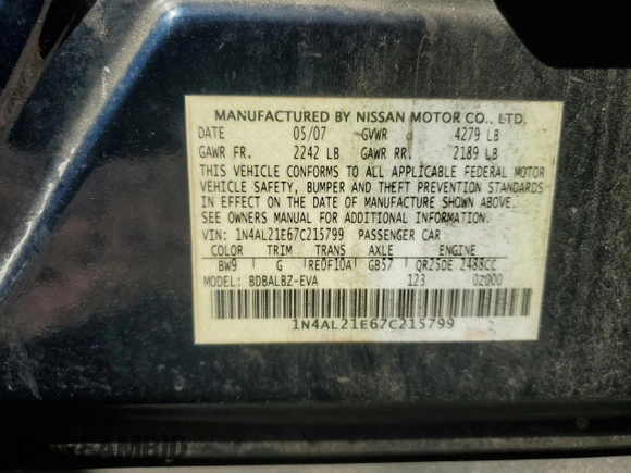 2007 Nissan Altima 2.5 with VIN 1N4AL21E67C215799, listed as a Copart auction lot 48971985 with 159,553 mi miles and Salvage Title. Bid and sale history available at carsss.com. Image 15.