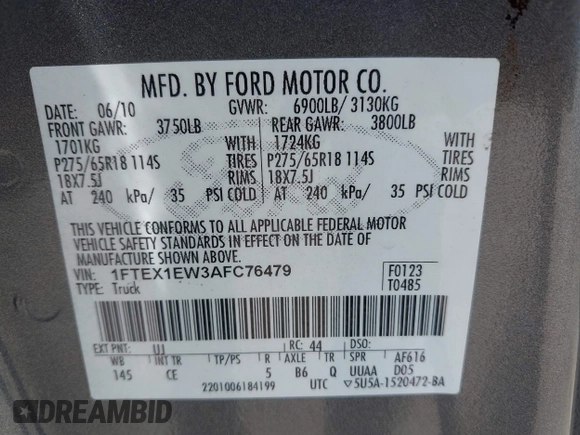 2010 Ford F-150 XL z VIN 1FTEX1EW3AFC76479, wystawiony jako IAAI lot #42586668 z przebiegiem 198 880 mil mil oraz . Historia ofert i sprzedaży dostępna na DreamBid. Obrazek 9.