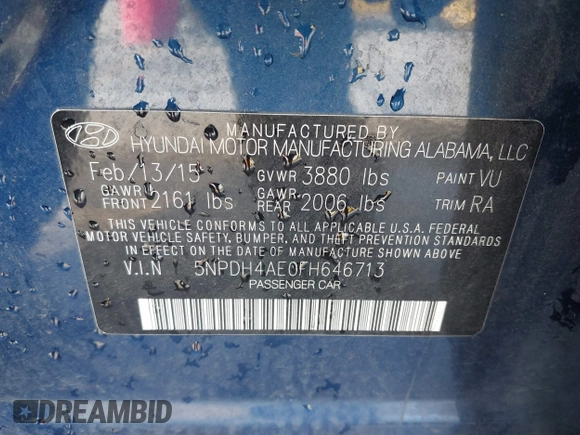 2015 Hyundai Elantra SE z VIN 5NPDH4AE0FH646713, wystawiony jako IAAI lot #41913551 z przebiegiem 107 598 mil mil oraz . Historia ofert i sprzedaży dostępna na DreamBid. Obrazek 9.