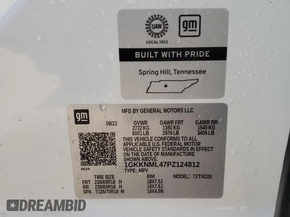 2023 GMC Acadia SLT with VIN 1GKKNML47PZ124812, listed as a Copart auction lot 42455465 with 87,116 mi miles and Salvage Title. Bid and sale history available at DreamBid. Image 13.
