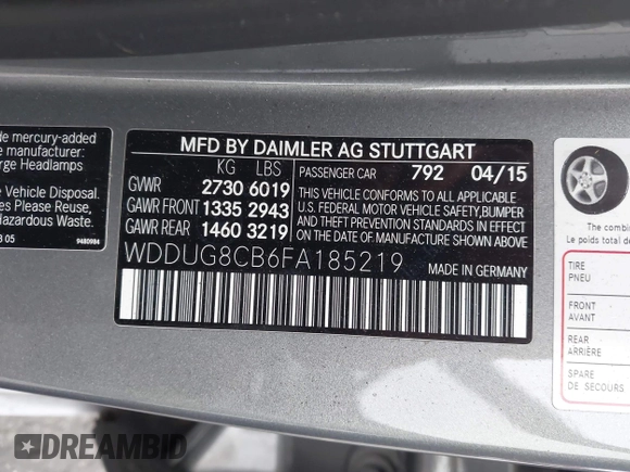 2015 Mercedes-Benz S-Class S 550 with VIN WDDUG8CB6FA185219, listed as a IAAI auction lot 42032135 with 104,346 mi miles. Bid and sale history available at carsss.com. Image 9.