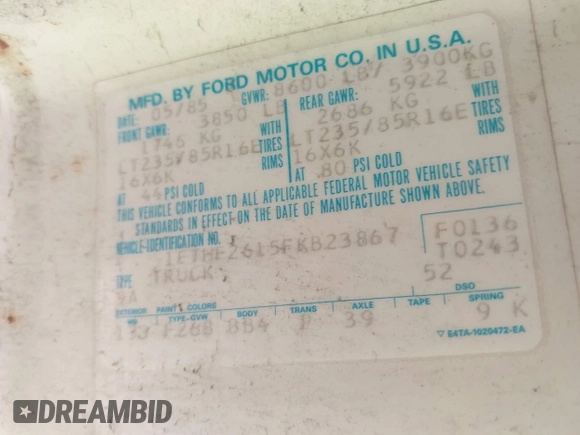 1985 Ford F-250 with VIN 1FTHF2615FKB23867, listed as a IAAI auction lot 42713630 with 96,557 mi miles and . Bid and sale history available at DreamBid. Image 9.