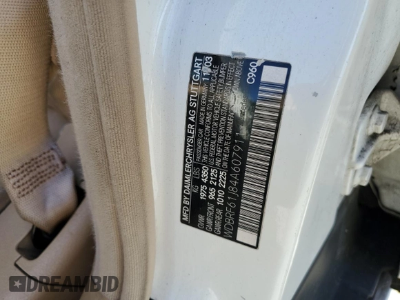 2004 Mercedes-Benz C 240 with VIN WDBRF61J84A607911, listed as a Copart auction lot 59142465 with 180,572 mi miles and Salvage title. Bid and sale history available at DreamBid. Image 12.