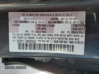 2016 Mazda 3 i Touring with VIN 3MZBM1L72GM320422, listed as a Copart auction lot 61272715 with 90,134 mi miles and Salvage title. Bid and sale history available at DreamBid. Image 12.