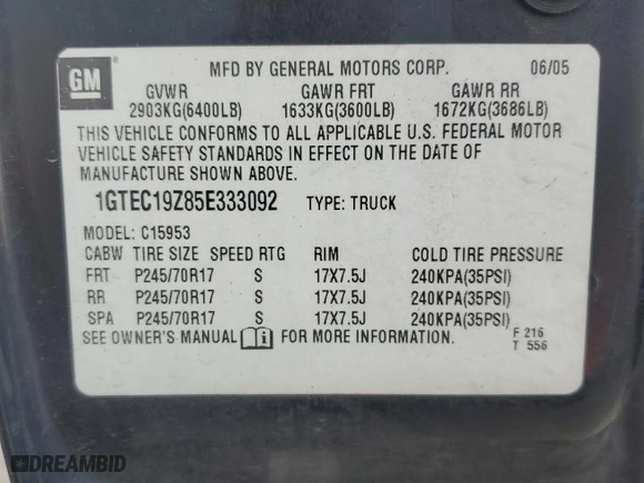 2005 GMC Sierra 1500 Work Truck with VIN 1GTEC19Z85E333092, listed as a Copart auction lot 67481464 with 170,960 mi miles and Salvage Title. Bid and sale history available at carsss.com. Image 12.