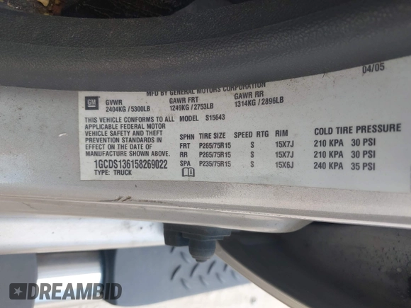 2005 Chevrolet Colorado 1SE LS Z71 z VIN 1GCDS136158269022, wystawiony jako IAAI lot #42250305 z przebiegiem 171 259 mil mil oraz . Historia ofert i sprzedaży dostępna na DreamBid. Obrazek 9.