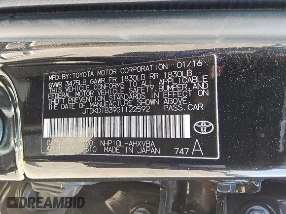 2016 Toyota Prius One with VIN JTDKDTB39G1122592, listed as a Copart auction lot 53493705 with 64,536 mi miles and Clean Title. Bid and sale history available at DreamBid. Image 13.