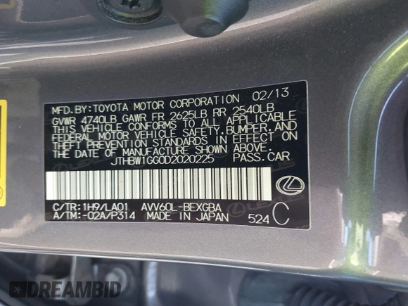 2013 Lexus ES 300h with VIN JTHBW1GG0D2020225, listed as a IAAI auction lot 41949955 with 100,052 mi miles and . Bid and sale history available at DreamBid. Image 9.