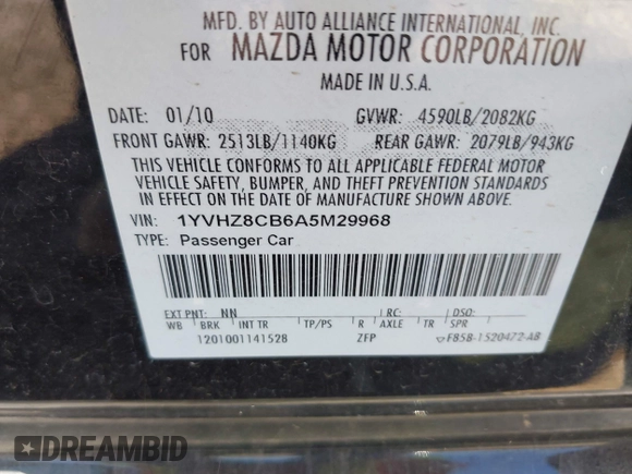 2010 Mazda 6 S Grand Touring with VIN 1YVHZ8CB6A5M29968, listed as a IAAI auction lot 41703398 with 219,113 mi miles and . Bid and sale history available at DreamBid. Image 9.