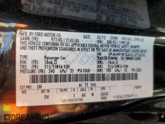 2012 Ford Focus SE with VIN 1FAHP3F22CL372232, listed as a Copart auction lot 59637645 with 134,337 mi miles and Salvage title. Bid and sale history available at DreamBid. Image 12.