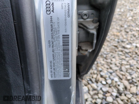 2004 Audi allroad A6 V8 z VIN WA1YD64B54N037957, wystawiony jako Copart lot #84632064 z przebiegiem 194 815 mil mil oraz Szkoda całkowita • Salvage title. Historia ofert i sprzedaży dostępna na DreamBid. Obrazek 12.