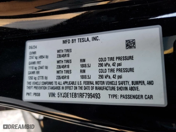 2024 Tesla Model 3 Long Range with VIN 5YJ3E1EB1RF799493, listed as a Copart auction lot 42561895 with 1,267 mi miles and Salvage Title. Bid and sale history available at carsss.com. Image 14.