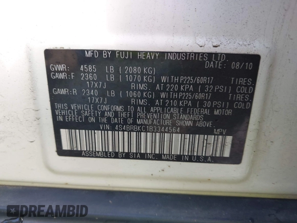 2011 Subaru Outback Limited Power Moon with VIN 4S4BRBKC1B3344564, listed as a IAAI auction lot 42729582 with 177,661 mi miles and . Bid and sale history available at DreamBid. Image 9.