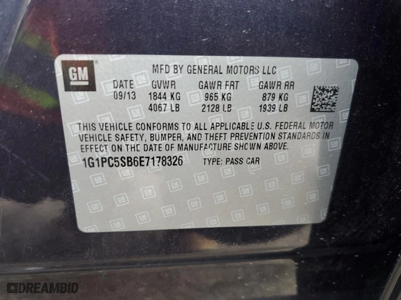 2014 Chevrolet Cruze 1LT with VIN 1G1PC5SB6E7178326, listed as a Copart auction lot 54048465 with 168,095 mi miles and Clean Title. Bid and sale history available at carsss.com. Image 12.