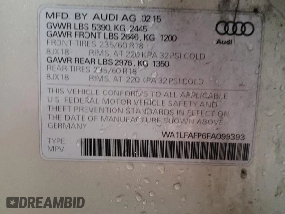 2015 Audi Q5 Premium Plus with VIN WA1LFAFP6FA099393, listed as a Copart auction lot 45502665 with 166,379 mi miles and Salvage title. Bid and sale history available at DreamBid. Image 12.