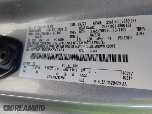 2023 Ford F-150 XL with VIN 1FTNF1E5XPKF47161, listed as a IAAI auction lot 42171620 with 14,623 mi miles and . Bid and sale history available at DreamBid. Image 9.