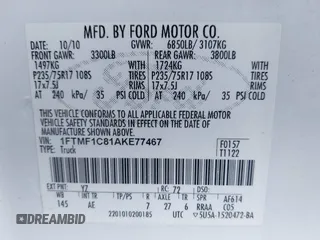2010 Ford F-150 XL with VIN 1FTMF1C81AKE77467, listed as a IAAI auction lot 41396137 with 115,515 mi miles. Bid and sale history available at carsss.com. Image 9.