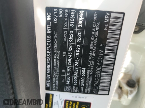 2013 Mercedes-Benz M 350 with VIN 4JGDA2EB0DA201915, listed as a Copart auction lot 62342135 with 225,797 mi miles and Salvage title. Bid and sale history available at DreamBid. Image 13.