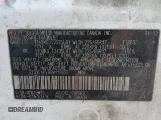2012 Toyota RAV4 Limited with VIN 2T3YF4DV8CW119655, listed as a Copart auction lot 54326785 with 235,850 mi miles and Salvage title. Bid and sale history available at DreamBid. Image 13.