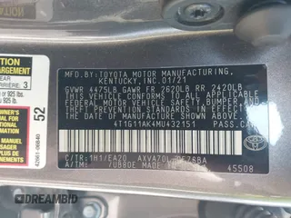 2021 Toyota Camry SE Nightshade with VIN 4T1G11AK4MU432151, listed as a IAAI auction lot 41672800 with 82,051 mi miles. Bid and sale history available at carsss.com. Image 9.