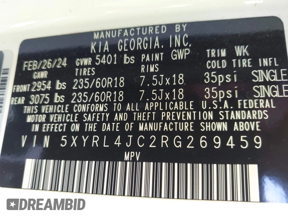 2024 Kia Sorento S with VIN 5XYRL4JC2RG269459, listed as a IAAI auction lot 42666445 with 29,478 mi miles and . Bid and sale history available at DreamBid. Image 9.