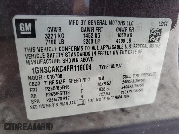 2015 Chevrolet Tahoe LS with VIN 1GNSCAKC4FR116004, listed as a Copart auction lot 54599375 with 87,645 mi miles and Salvage title. Bid and sale history available at DreamBid. Image 13.