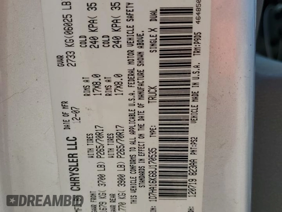 2008 Dodge 1500 ST with VIN 1D7HA16K68J170535, listed as a Copart auction lot 54376044 with 106,178 mi miles and Salvage Title. Bid and sale history available at DreamBid. Image 13.
