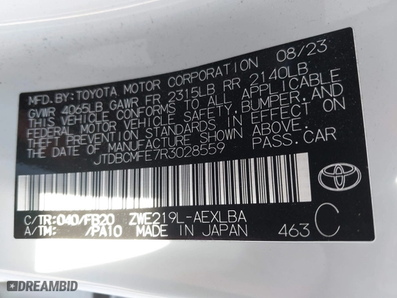 2024 Toyota Corolla Hybrid LE with VIN JTDBCMFE7R3028559, listed as a IAAI auction lot 40849636 with 17,649 mi miles. Bid and sale history available at carsss.com. Image 9.