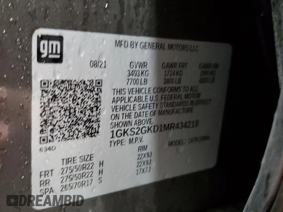 2021 GMC Yukon XL SLT with VIN 1GKS2GKD1MR434218, listed as a Copart auction lot 82777494 with 60,601 mi miles and Salvage Title. Bid and sale history available at carsss.com. Image 14.