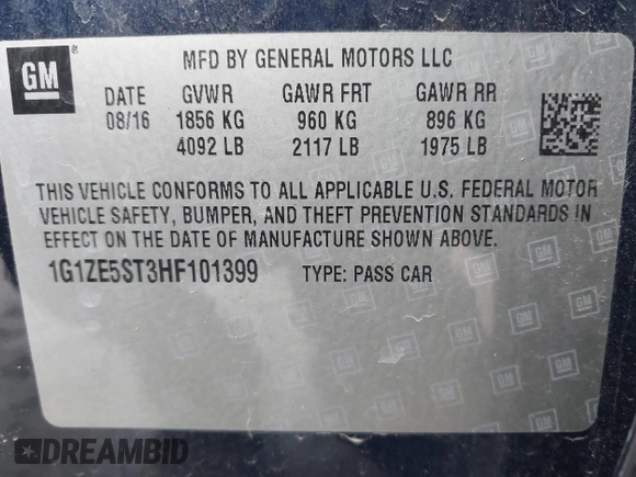 2017 Chevrolet Malibu LT with VIN 1G1ZE5ST3HF101399, listed as a IAAI auction lot 41604370 with 60,757 mi miles and . Bid and sale history available at DreamBid. Image 9.