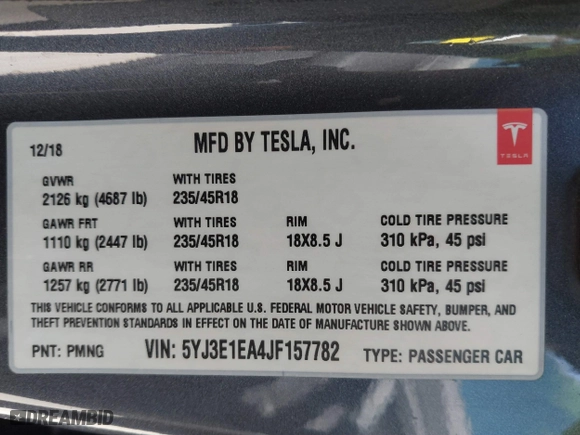 2018 Tesla Model 3 Long Range Battery with VIN 5YJ3E1EA4JF157782, listed as a IAAI auction lot 41774169 with 123,239 mi miles. Bid and sale history available at carsss.com. Image 9.
