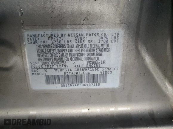 2017 Nissan Versa SV z VIN 3N1CN7AP5HK437552, wystawiony jako Copart lot #45265895 z przebiegiem 168 202 mil mil oraz Szkoda całkowita • Salvage title. Historia ofert i sprzedaży dostępna na DreamBid. Obrazek 12.