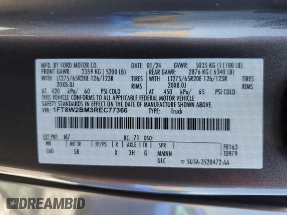 2024 Ford F-250 XL with VIN 1FT8W2BM3REC77366, listed as a Copart auction lot 56059195 with 6,038 mi miles and Salvage title. Bid and sale history available at DreamBid. Image 13.