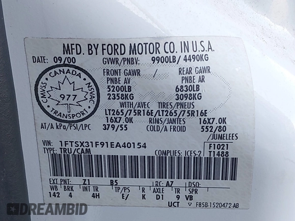 2001 Ford F-350 XL with VIN 1FTSX31F91EA40154, listed as a IAAI auction lot 41561772 with 208,427 mi miles and . Bid and sale history available at DreamBid. Image 9.