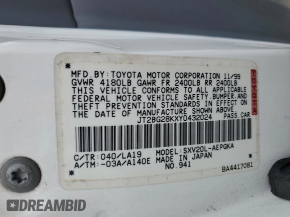 2000 Toyota Camry CE z VIN JT2BG28KXY0432024, wystawiony jako Copart lot #57057905 z przebiegiem 201 289 mil mil oraz Szkoda całkowita • Salvage title. Historia ofert i sprzedaży dostępna na DreamBid. Obrazek 12.
