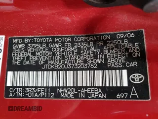 2007 Toyota Prius with VIN JTDKB20U373203782, listed as a Copart auction lot 55239645 with 169,263 mi miles and Salvage Title. Bid and sale history available at DreamBid. Image 12.