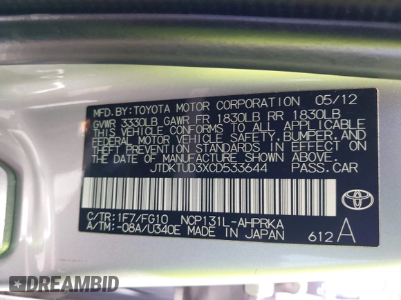2012 Toyota Yaris L z VIN JTDKTUD3XCD533644, wystawiony jako IAAI lot #42286777 z przebiegiem 149 185 mil mil oraz . Historia ofert i sprzedaży dostępna na DreamBid. Obrazek 9.