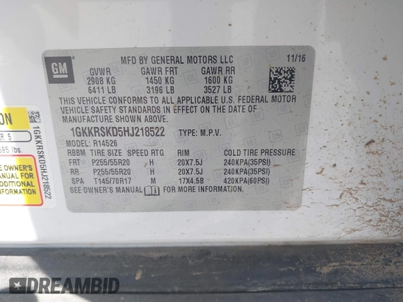 2017 GMC Acadia Limited with VIN 1GKKRSKD5HJ218522, listed as a IAAI auction lot 41835567 with Not provided miles and . Bid and sale history available at DreamBid. Image 9.