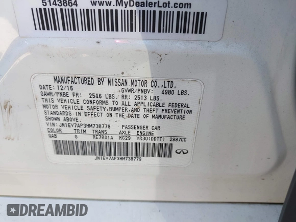 2017 Infiniti Q50 Signature Edition with VIN JN1EV7AP3HM738779, listed as a IAAI auction lot 41870416 with 129,694 mi miles and . Bid and sale history available at DreamBid. Image 9.