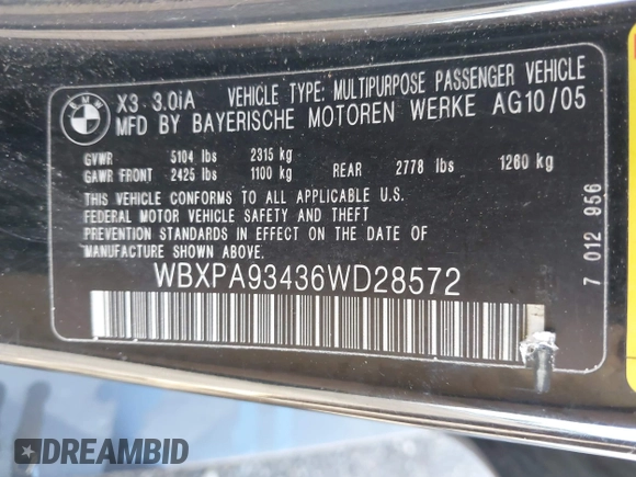 2006 BMW X3 3.0i with VIN WBXPA93436WD28572, listed as a IAAI auction lot 41960342 with 193,340 mi miles and . Bid and sale history available at DreamBid. Image 9.