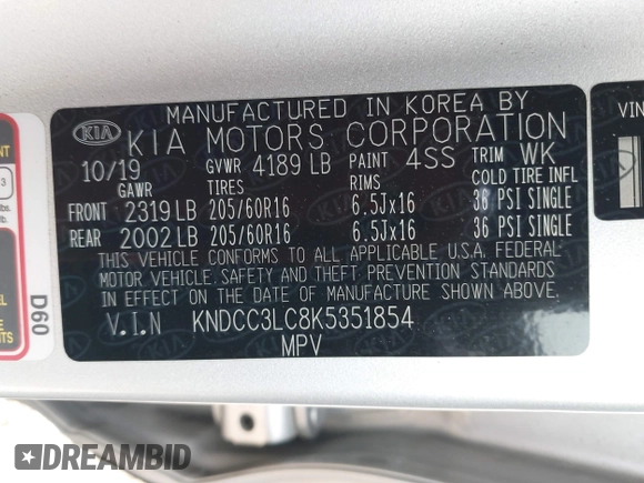 2019 Kia Niro EX with VIN KNDCC3LC8K5351854, listed as a IAAI auction lot 42064374 with 82,117 mi miles. Bid and sale history available at carsss.com. Image 9.