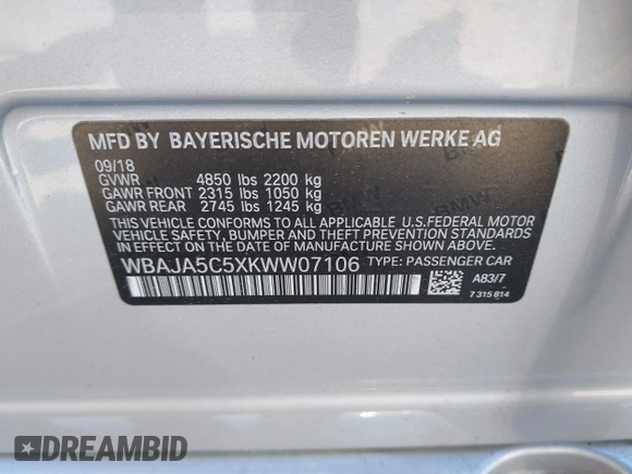 2019 BMW 5 Series 530i with VIN WBAJA5C5XKWW07106, listed as a IAAI auction lot 41977982 with 65,371 mi miles and . Bid and sale history available at carsss.com. Image 9.