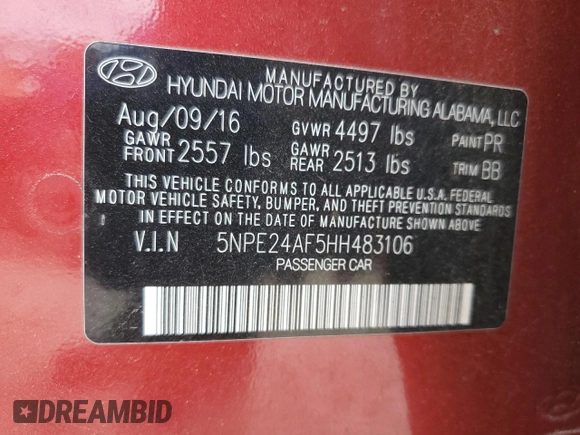 2017 Hyundai Sonata SE z VIN 5NPE24AF5HH483106, wystawiony jako Copart lot #59513995 z przebiegiem 101 774 mil mil oraz Szkoda całkowita • Salvage title. Historia ofert i sprzedaży dostępna na DreamBid. Obrazek 13.