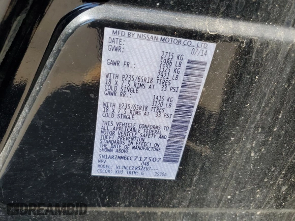 2014 Nissan Pathfinder Platinum with VIN 5N1AR2MM6EC717507, listed as a Copart auction lot 52734495 with 115,330 mi miles and Clean title. Bid and sale history available at DreamBid. Image 13.