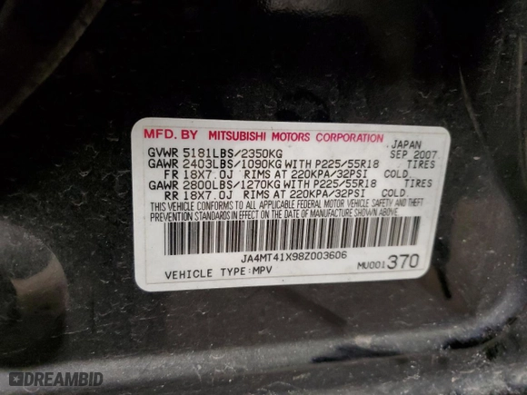 2008 Mitsubishi Outlander XLS with VIN JA4MT41X98Z003606, listed as a Copart auction lot 83491354 with 83,508 mi miles and Salvage Title. Bid and sale history available at carsss.com. Image 16.